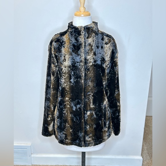 Chico’s Brown Furever Peter Coat Stylish Black and Brown Faux Fur Jacket Size 1 - Picture 1 of 13